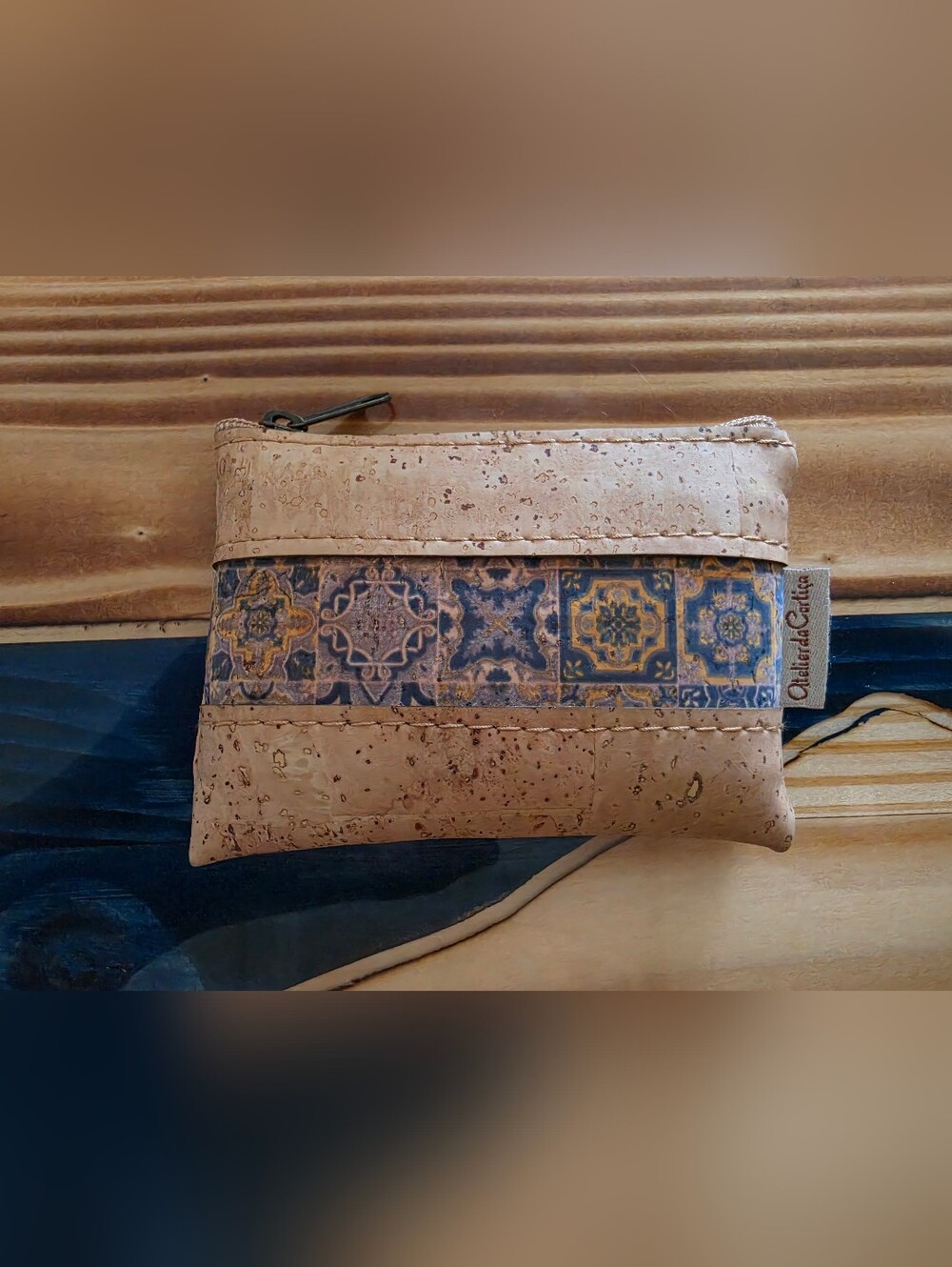 Cork Wallet - Zip with Blue & Yellow Tile Accents